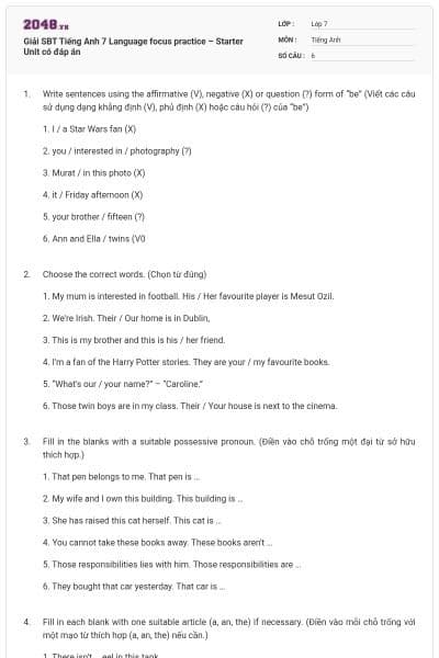 Giải SBT Tiếng Anh 7 Language focus practice – Starter Unit có đáp án