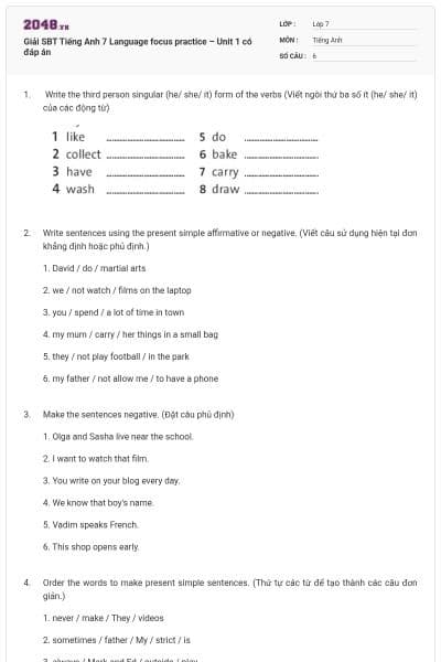 Giải SBT Tiếng Anh 7 Language focus practice – Unit 1 có đáp án