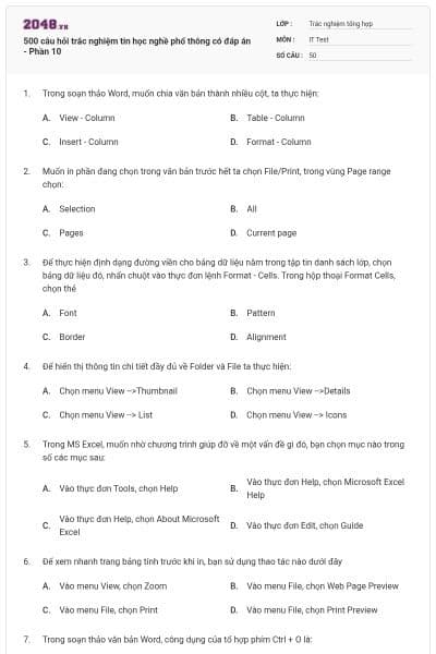 500 câu hỏi trắc nghiệm tin học nghề phổ thông có đáp án - Phần 10