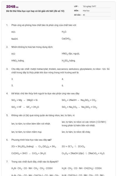 Đề thi thử Hóa học cực hay có lời giải chi tiết (đề số 10)