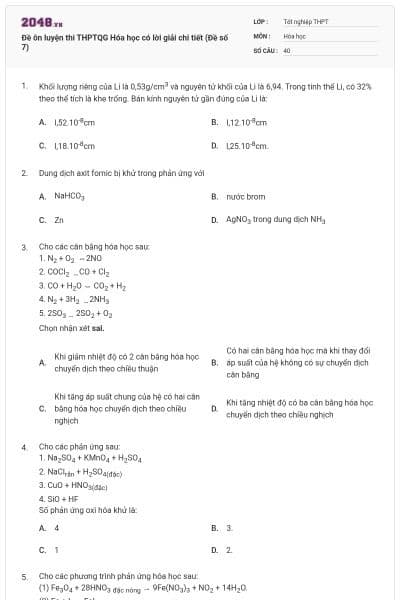 Đề ôn luyện thi THPTQG Hóa học có lời giải chi tiết (Đề số 7)