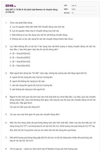 Giải SBT Lí 10 Bài 8: Ba định luật Newton về chuyển động có đáp án