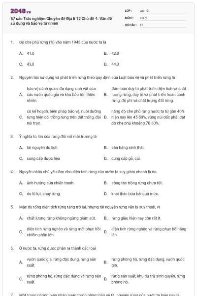 87 câu Trắc nghiệm Chuyên đề Địa lí 12 Chủ đề 4: Vấn đề sử dụng và bảo vệ tự nhiên