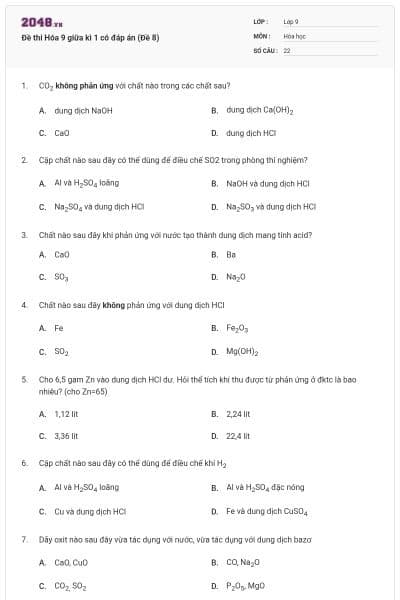 Đề thi Hóa 9 giữa kì 1 có đáp án (Đề 8)