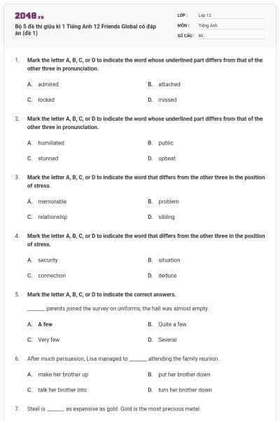 Bộ 5 đề thi giữa kì 1 Tiếng Anh 12 Friends Global có đáp án (đề 1)