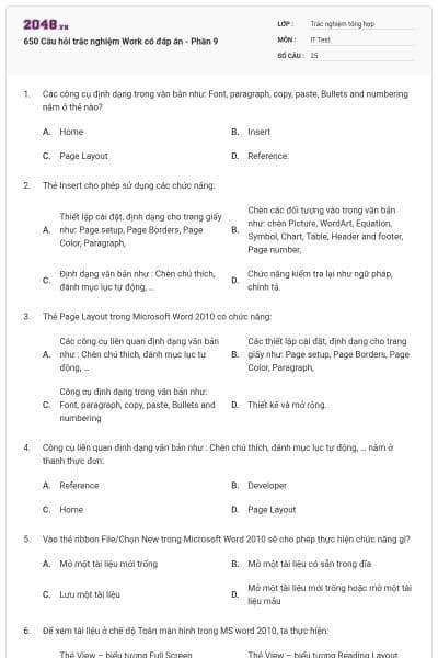 650 Câu hỏi trắc nghiệm Work có đáp án - Phần 9
