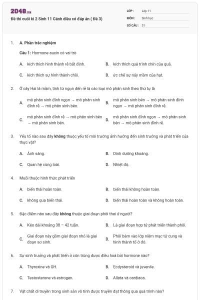 Đề thi cuối kì 2 Sinh 11 Cánh diều có đáp án ( Đề 3)