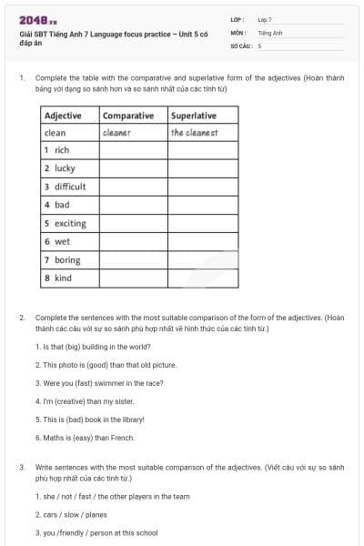 Giải SBT Tiếng Anh 7 Language focus practice – Unit 5 có đáp án