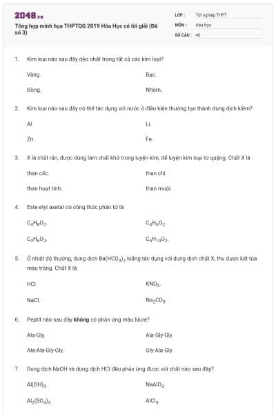 Tổng hợp minh họa THPTQG 2019 Hóa Học có lời giải (Đề số 3)