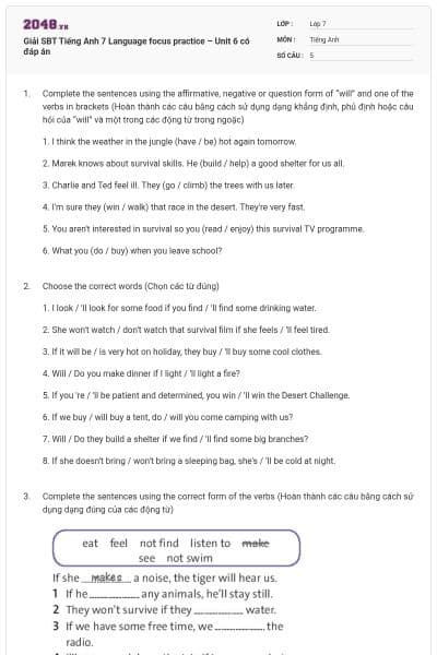 Giải SBT Tiếng Anh 7 Language focus practice – Unit 6 có đáp án