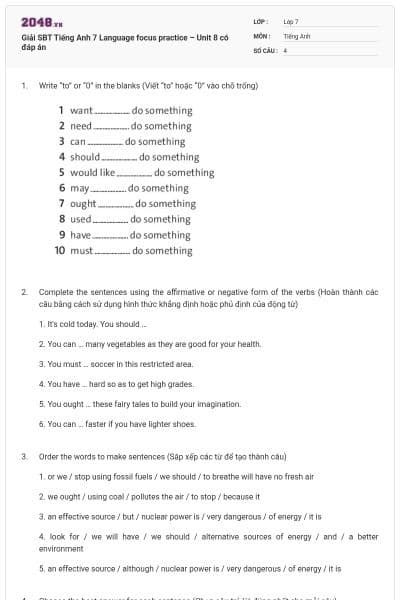 Giải SBT Tiếng Anh 7 Language focus practice – Unit 8 có đáp án