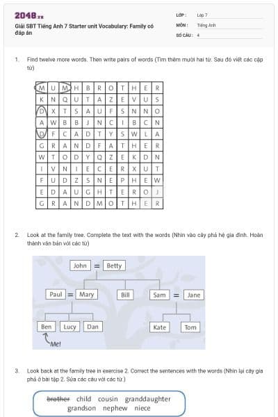 Giải SBT Tiếng Anh 7 Starter unit Vocabulary: Family có đáp án