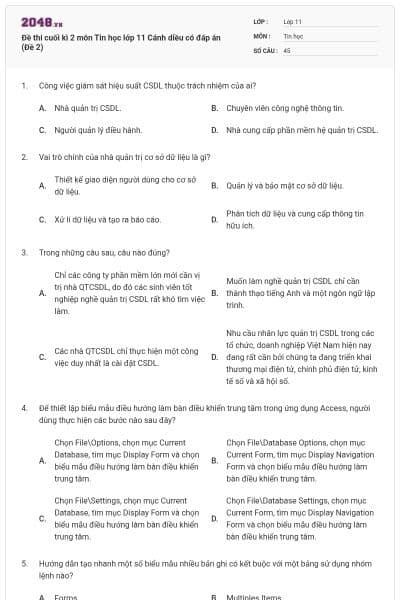 Đề thi cuối kì 2 môn Tin học lớp 11 Cánh diều có đáp án (Đề 2)