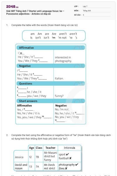 Giải SBT Tiếng Anh 7 Starter unit Language focus: be – Possessive adjectives - Articles có đáp án