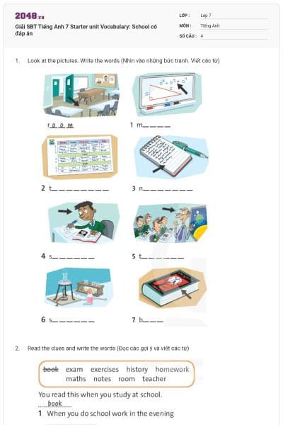 Giải SBT Tiếng Anh 7 Starter unit Vocabulary: School có đáp án
