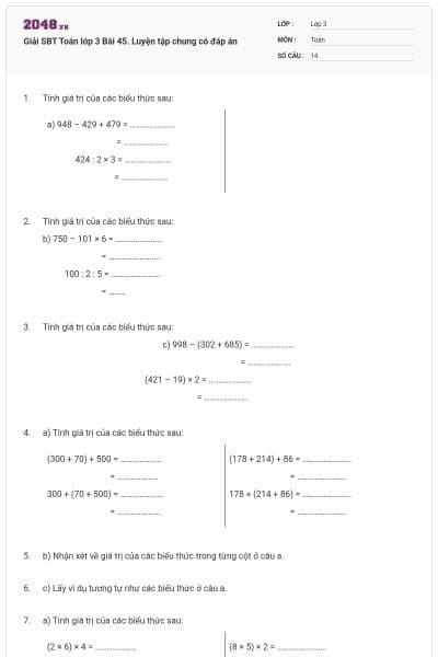 Giải SBT Toán lớp 3 Bài 45. Luyện tập chung có đáp án
