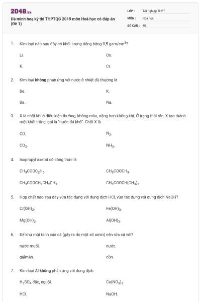 Đề minh hoạ kỳ thi THPTQG 2019 môn Hoá học có đáp án (Đề 1)