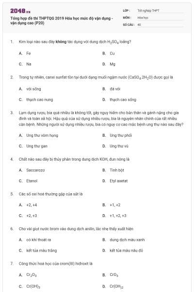 Tổng hợp đề thi THPTQG 2019 Hóa học mức độ vận dụng - vận dụng cao (P20)