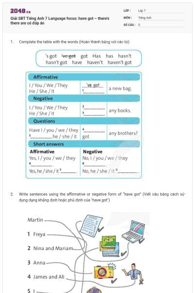 Giải SBT Tiếng Anh 7 Language focus: have got – there’s there are có đáp án