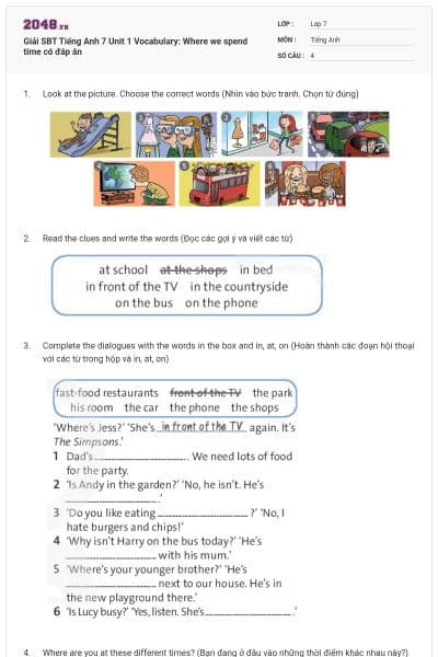 Giải SBT Tiếng Anh 7 Unit 1 Vocabulary: Where we spend time có đáp án