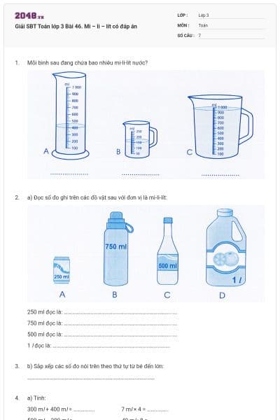 Giải SBT Toán lớp 3 Bài 46. Mi – li – lít có đáp án