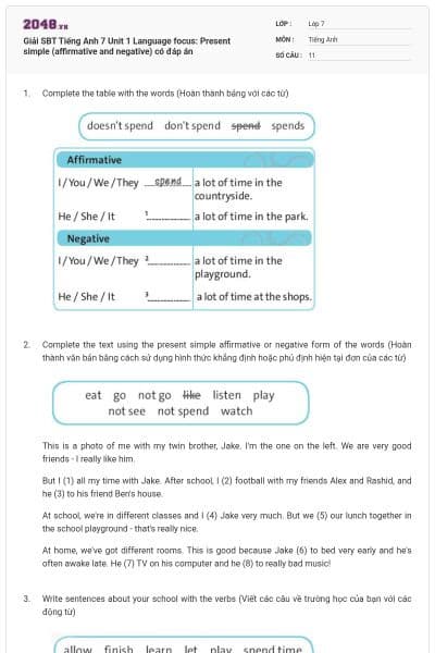 Giải SBT Tiếng Anh 7 Unit 1 Language focus: Present simple (affirmative and negative) có đáp án