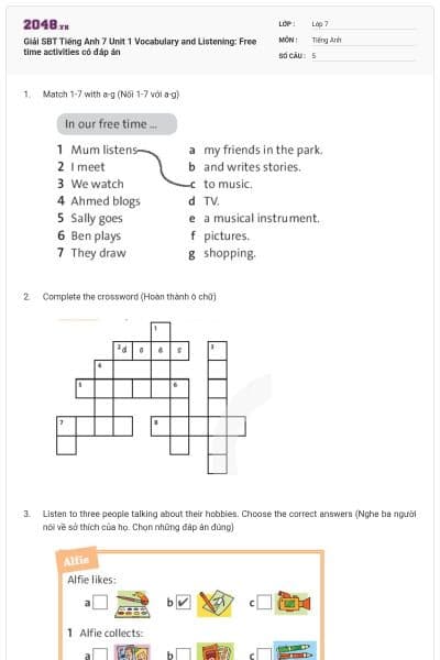 Giải SBT Tiếng Anh 7 Unit 1 Vocabulary and Listening: Free time activities có đáp án