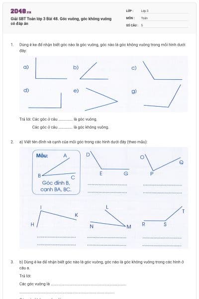 Giải SBT Toán lớp 3 Bài 48. Góc vuông, góc không vuông có đáp án