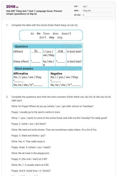 Giải SBT Tiếng Anh 7 Unit 1 Language focus: Present simple (questions) có đáp án