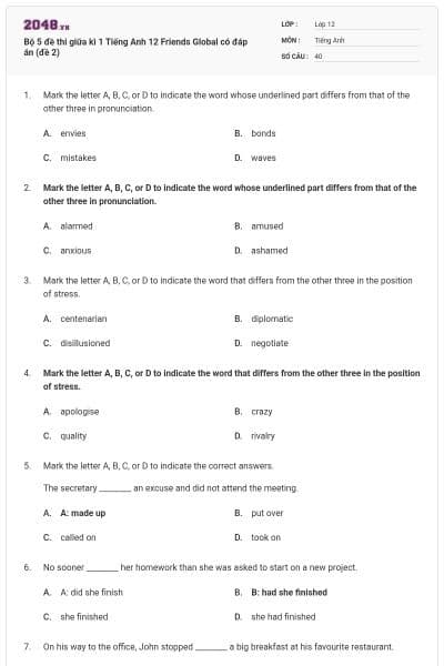 Bộ 5 đề thi giữa kì 1 Tiếng Anh 12 Friends Global có đáp án (đề 2)