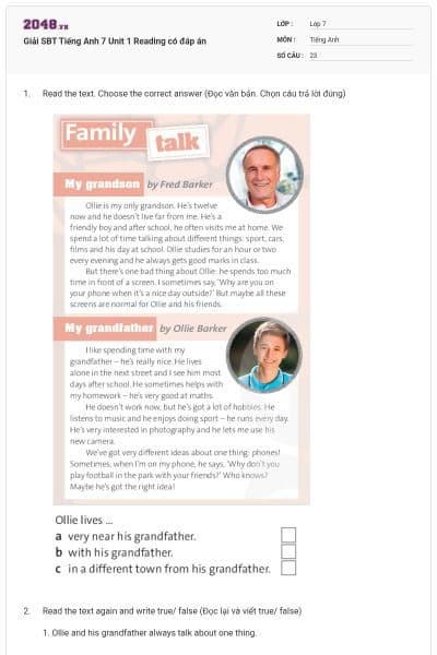 Giải SBT Tiếng Anh 7 Unit 1 Reading có đáp án