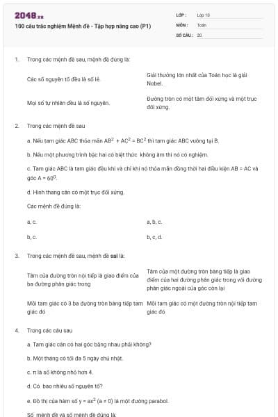 100 câu trắc nghiệm Mệnh đề - Tập hợp nâng cao (P1)