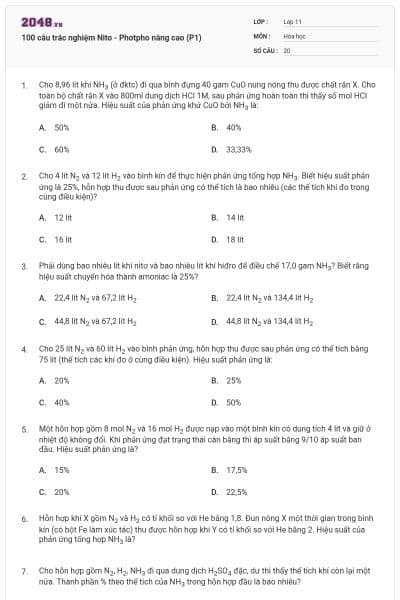100 câu trắc nghiệm Nito - Photpho nâng cao (P1)