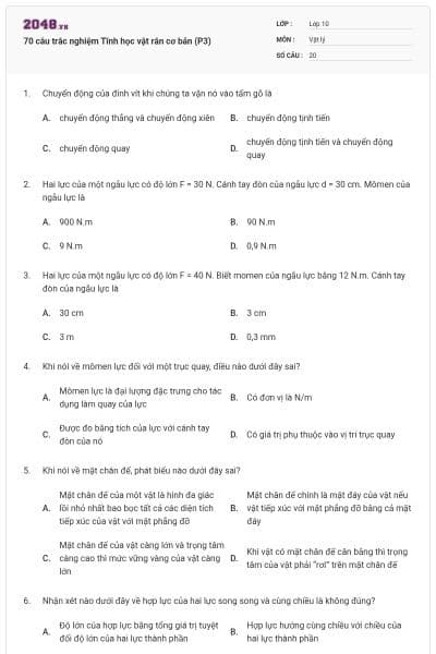 70 câu trắc nghiệm Tĩnh học vật rắn cơ bản (P3)