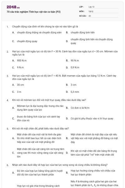 70 câu trắc nghiệm Tĩnh học vật rắn cơ bản (P3)