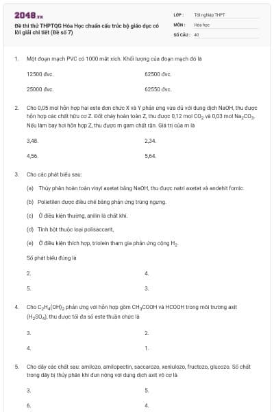 Đề thi thử THPTQG Hóa Học chuẩn cấu trúc bộ giáo dục có lời giải chi tiết (Đề số 7)