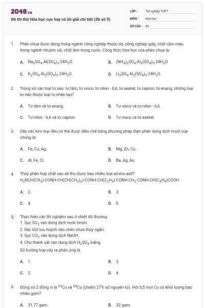 Đề thi thử Hóa học cực hay có lời giải chi tiết (đề số 9)