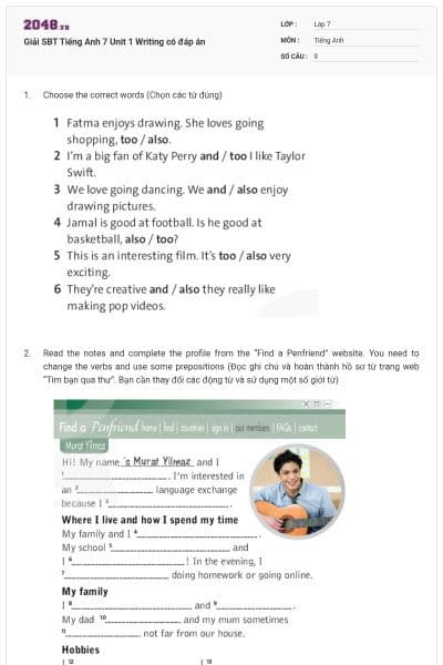 Giải SBT Tiếng Anh 7 Unit 1 Writing có đáp án