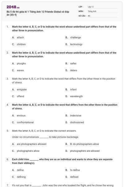 Bộ 5 đề thi giữa kì 1 Tiếng Anh 12 Friends Global có đáp án (đề 4)