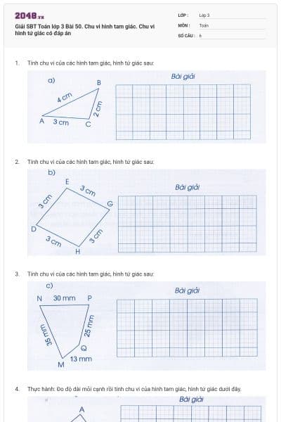 Giải SBT Toán lớp 3 Bài 50. Chu vi hình tam giác. Chu vi hình tứ giác có đáp án