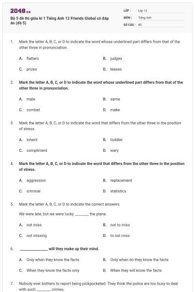 Bộ 5 đề thi giữa kì 1 Tiếng Anh 12 Friends Global có đáp án (đề 5)