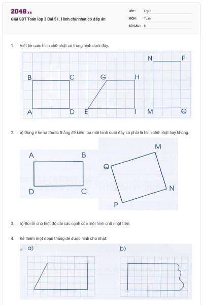 Giải SBT Toán lớp 3 Bài 51. Hình chữ nhật có đáp án