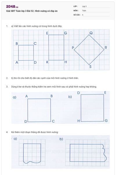 Giải SBT Toán lớp 3 Bài 52. Hình vuông có đáp án