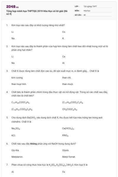 Tổng hợp minh họa THPTQG 2019 Hóa Học có lời giải (Đề số 4)
