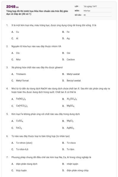Tổng hợp đề thi minh họa Hóa Hoc chuẩn cấu trúc Bộ giáo dục có đáp án (đề số 1)