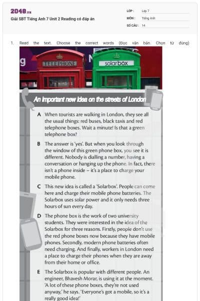 Giải SBT Tiếng Anh 7 Unit 2 Reading có đáp án