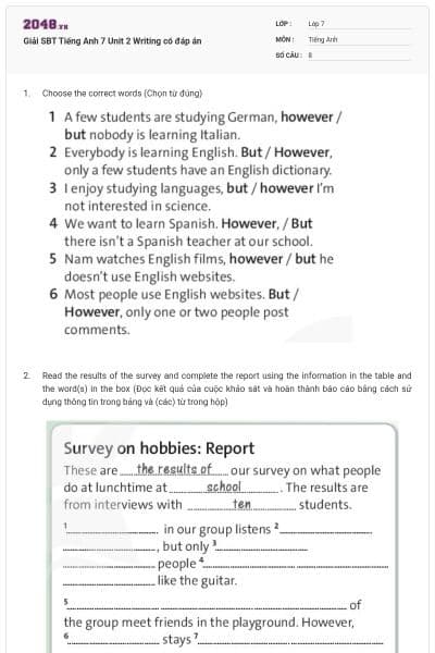 Giải SBT Tiếng Anh 7 Unit 2 Writing có đáp án