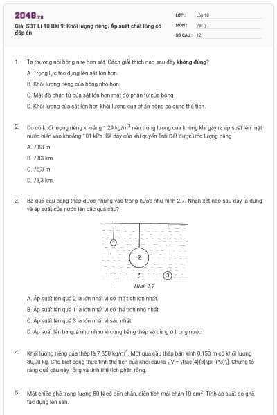 Giải SBT Lí 10 Bài 9: Khối lượng riêng. Áp suất chất lỏng có đáp án
