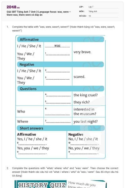 Giải SBT Tiếng Anh 7 Unit 3 Language focus: was, were – there was, there were có đáp án