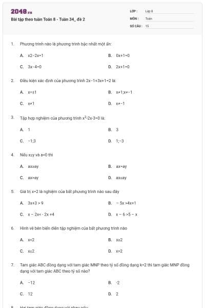 Bài tập theo tuần Toán 8 - Tuần 34_ đề 2